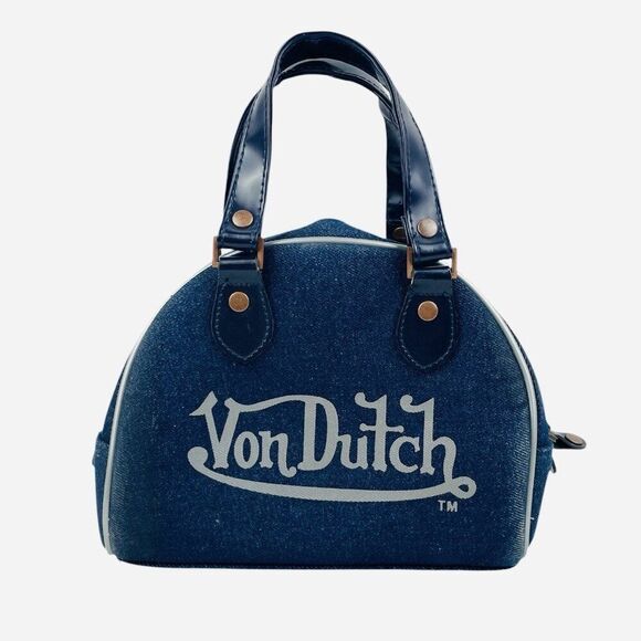 RARE Vintage 2000s Von Dutch Denim Mini Bowling Bag Purse Y2K White Trim Logo - Picture 3 of 13